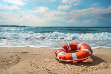 Wall Mural - Sand beach with red live saver. Sunny ocean coast landscape. Summer background. Travel and tourism concept.