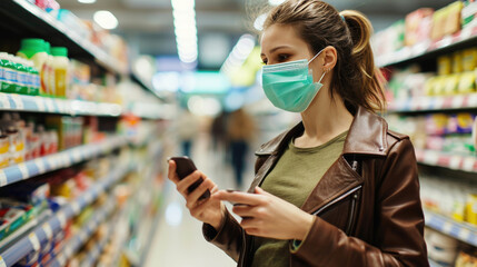 Wall Mural - Woman wearing a surgical mask while using her smartphone in a grocery store aisle.