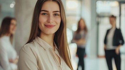 Aufkleber - 2h beautiful office employee standing, smiling and confident, she is in focus, other employees in the background out of focus 