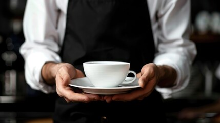 Poster - Waiter in black apron stretches a cup of coffee 