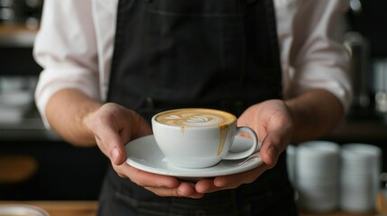 Poster - Waiter in black apron stretches a cup of coffee 