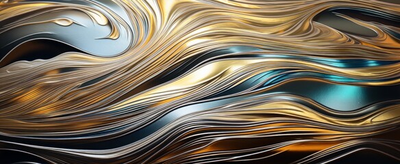 Aufkleber - Metallic Paint Flow with Golden and Blue Swirls