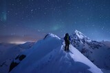 Fototapeta Do pokoju - Explorer facing the awe of the northern lights atop a snow-capped mountain Blending adventure with the mystery of nature