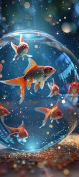 3D scene Fishbowl filled with realistic goldfish swimming amidst a sea of twinkling stars.