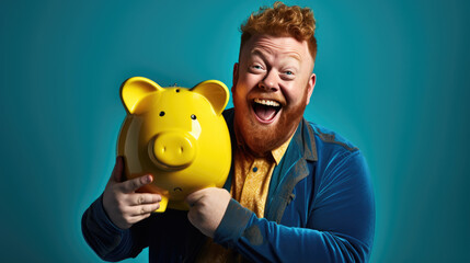 Smiling middle age man holding a piggybank