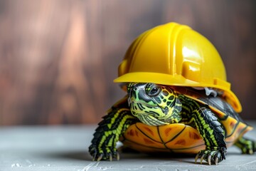 Wall Mural - Turtle wearing protection helmet on simple industrial background. Occupational safety, work, building concept. Wide banner photo for news, advertisement, flyer, social networks, presentation.