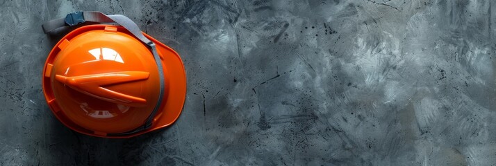 Wall Mural - Orange protection helmet on simple industrial background. Occupational safety, work, building concept. Wide banner photo for news, advertisement, flyer, social networks, presentation.