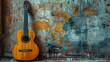 Acoustic guitar resting by a rustic grunge surface