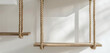 Minimalist Wooden Wall Ladder. Close-up of minimalist wall ladder with wooden rungs secured by rope, sports complex for children's room, copy space.