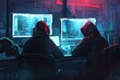 An underground hacker forum trading in zero-day exploits, shadowy figures exchanging information in a digital black market