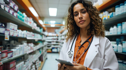 Poster - Confident woman in a white lab coat with a stethoscope around her neck, holding a tablet computer, standing in a pharmacy with shelves stocked with various pharmaceutical products.