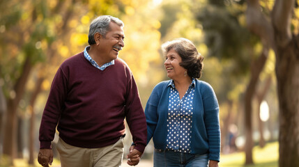 Wall Mural - Elderly couple is seen walking together, holding hands and sharing a happy moment in a sunlit park