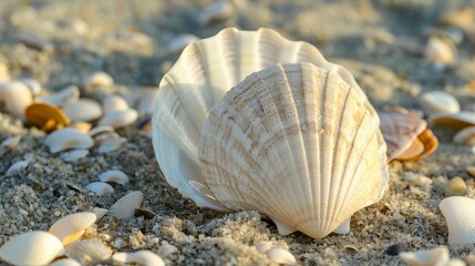 Seashells on the beach, island tourism concept, beach shell screen saver, advertising screen, public service advertisement