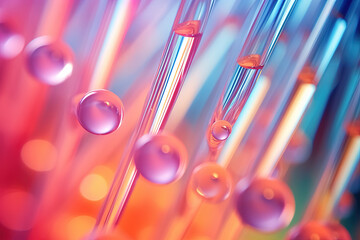 Poster - Pink holographic bubbles floating on the soft colorful abstract background in beautiful vivid tones.