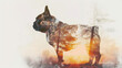 Double Exposure of French Bulldog Silhouette and Park Scenery Watercolor Art Gen AI
