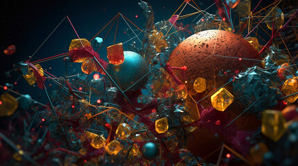 Poster - Abstract scientific concept with connected cells and particles. Science microscopic background.