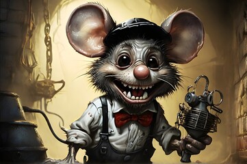 Creepy mouse in a suit and bow tie holding a rat trap with big teeth and eyes in Ratfink style art. World Rat Day  April 4, 2024