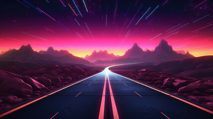 Sticker - Road to horizon in synthwave style. 80s styled purple and blue synthwave highway landscape.