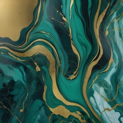 Poster - Abstract paint liquid backdrop with green marble veins that are tinged with gold. marble surface textured in shades of green and gold. Abstract painted wavy marble background in dark green and blue.