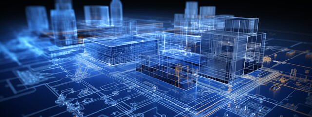 Illuminated Digital Blueprint of Industrial Facility