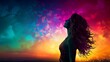 A silhouette of a girl model in front of a vivid, gradient sky with scattered geometric patterns.
