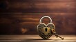 Heart-shaped padlock with vintage key on wooden table with copy space. Lock the heart. Concept Padlocks Love forever. Fence of the bridge in Paris Valentine