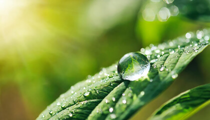 Poster - Beautiful large drop morning dew in nature, selective focus. Drops of clean transparent water on leaves. Sun glare in drop. Image in green tones. Spring summer natural background.