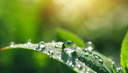 Poster - Beautiful large drop morning dew in nature, selective focus. Drops of clean transparent water on leaves. Sun glare in drop. Image in green tones. Spring summer natural background.