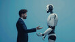 The face of a businessman and a robot opposite each other look into the eyes. Modern technologies, robot versus human, artificial intelligence