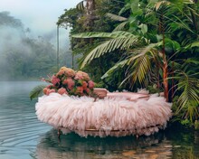 A Unique Pink Bed Adorned With A Vibrant Floral Arrangement Floats On A Quiet River Amidst A Mist-covered Jungle