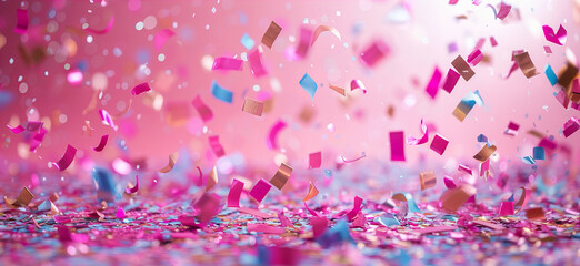 Wall Mural - Colorful confetti flying around in the air on the vibrant pastel pink color background. Birthday and party concept banner. 