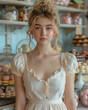 portrait of a young woman in a candy store