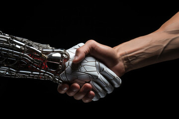Poster - Handshake between robot and human on black background. Concept of technology development, artificial intelligence, partnership, cooperation