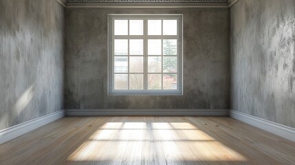 Poster - Empty room with window in the wall and wooden floor