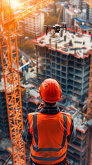 Wall Mural - A man in an orange safety vest is looking at a drone flying over a city. The drone is hovering over a construction site, and the man is wearing a hard hat. Concept of technological advancement