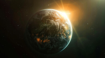Wall Mural - a planet with a bright sun shining on it. the planet is surrounded by stars and the sun is the brigh