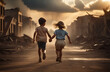 Two children run away down the street of a ruined city
