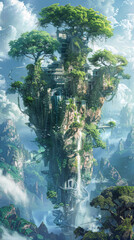 Sticker - A tall tree with a house on top of it. The tree is surrounded by water and has a waterfall coming out of it. The sky is cloudy and the overall mood of the image is peaceful and serene