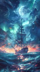 Canvas Print - A large ship sails through a stormy sea with a bright moon in the sky. Scene is one of adventure and danger, as the ship faces the rough waters and the stormy weather