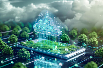 Poster - A tablet with a cloud on it is displayed on a green background. The tablet is surrounded by trees and the cloud is glowing. Concept of technology and nature coming together in harmony