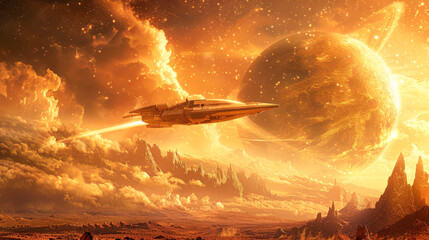 Wall Mural - a space ship is flying through a yellow sky with a large planet in the background. the scene is fill