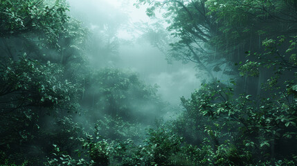 Canvas Print - A forest with a lot of trees and a lot of rain. The trees are green and the sky is cloudy