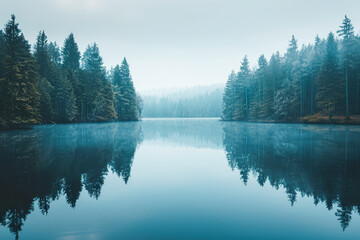 Wall Mural - A serene lake with a forest in the background. The water is calm and still, reflecting the trees and sky. Concept of peace and tranquility
