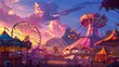 Cityscape with Alien-Themed Ferris Wheel at Night in Amusement Park