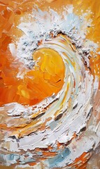 Wall Mural - A painting depicting a vibrant orange and white wave crashing against a dark background.