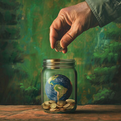 Wall Mural - A jar filled with coins and a globe. Concept of saving money and investing in the future