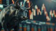 Bull Market Momentum, symbolic bronze bull in front of rising stock market candlestick charts, illustrating the concept of a strong and growing market