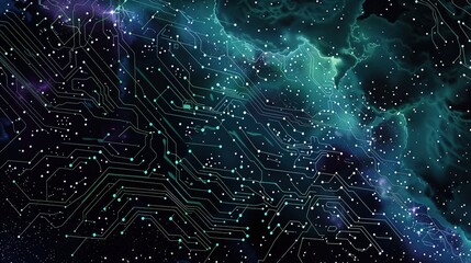 Poster - This image fuses the concept of a nebula with technological circuit patterns, portraying an intersection of the cosmos and digital innovation