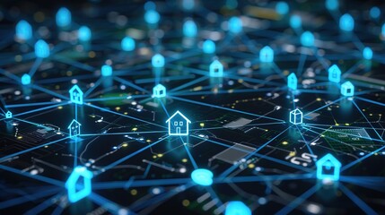 Poster - a futuristic visualization of the internet of things (iot) with glowing blue house icons on a digita