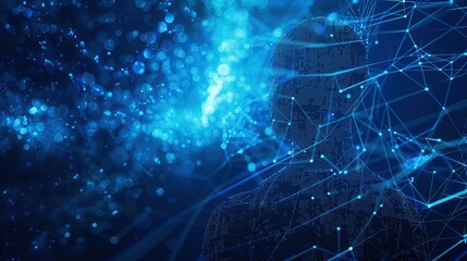 Poster - An abstract visualization of a secure digital network in blue tones, depicting a silhouette figure infused with glowing nodes and connections, illustrating the concept of cyber security